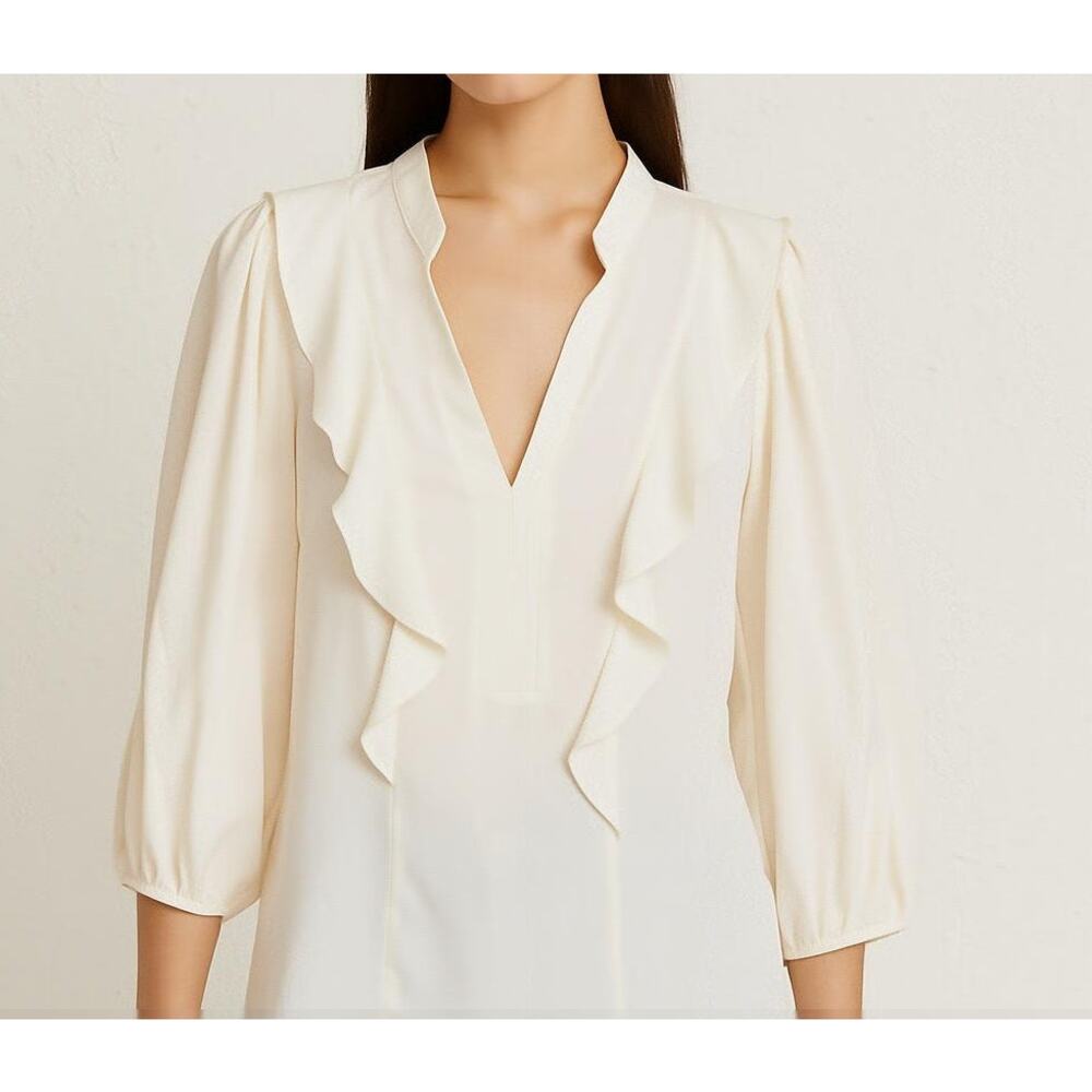 Amanda Uprichard 3/4 Sleeve Ruffle Trim Blouse Top White XS